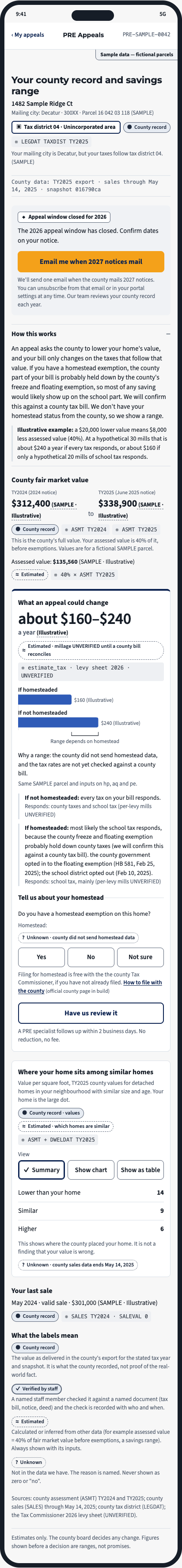 Homeowner result screen: a savings range with certainty labels, a homestead question, and a comparable-homes ranking, county name redacted